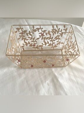 Gold Floral Metal Basket with Pink Flower Accents. New 2pcs